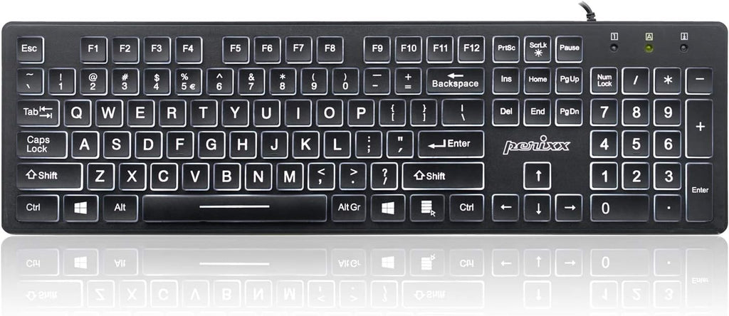 Perixx PERIBOARD-317 Wired Backlit USB Keyboard, Big Print Letter with White Illuminated LED, US English Layout,Black