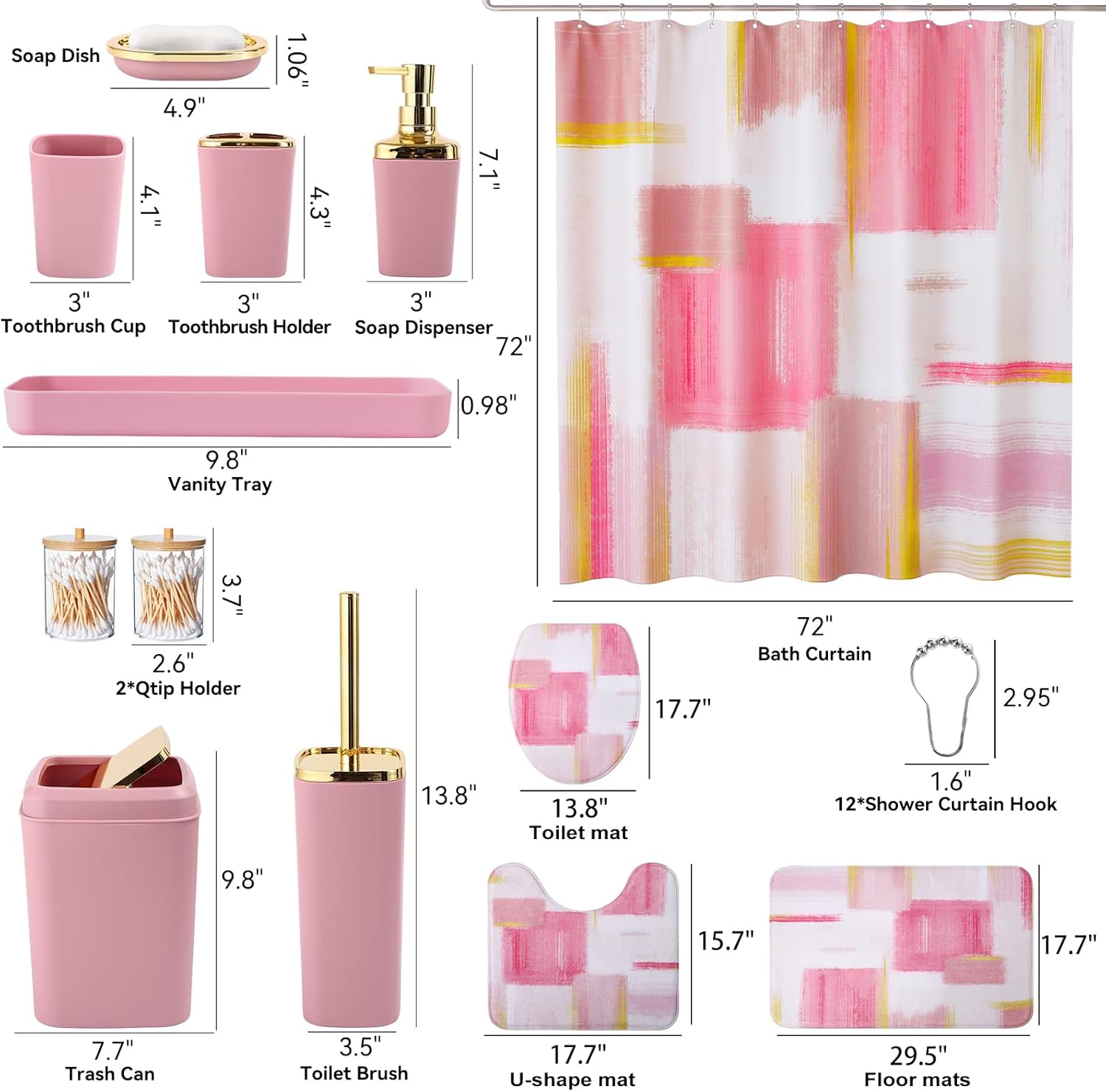 Bathroom Set - Pink and Gold Bathroom Accessories Set, Bathroom Sets with Shower Curtain and Rugs, Pink Shower Curtain Set with Bathroom Trash Can, Soap Dispenser, Soap Dish for Home Decor