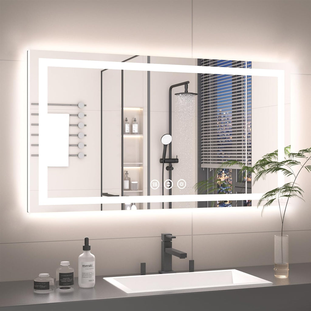55X30 LED Bathroom Mirror with Lights, Anti-Fog, Backlit + Front Lit, Lighted Bathroom Vanity Mirror for Wall, Memory Function, Dimmable, Tempered Glass, Shatter-Proof