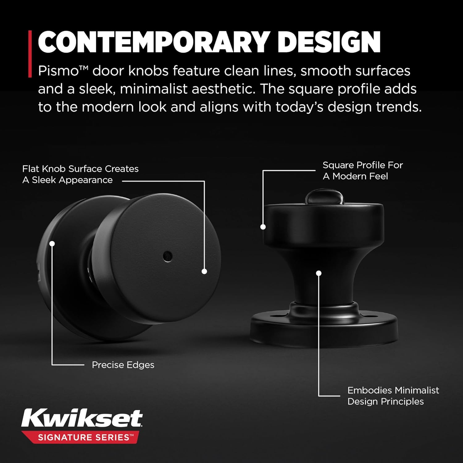 Kwikset Pismo Interior Privacy Door Knob with Lock, Door Handle For Bathroom and Bedroom, Matte Black Keyless Turn Lock Doorknob, with Microban Protection