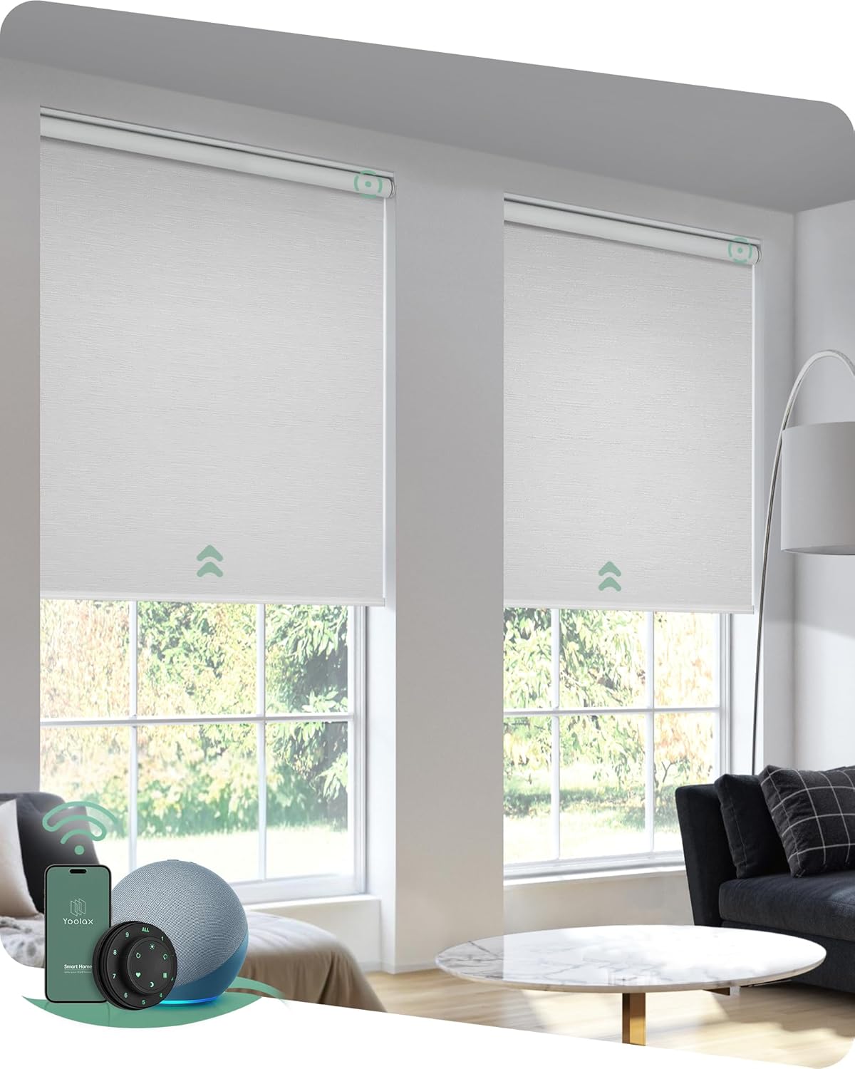 Yoolax Motorized Blinds with Remote, Blackout Smart Blinds for Windows Motorized Roller Shades, Automatic Window Blinds Directly Compatible with Alexa Electric Blinds (Jacquard White, 47" W x 72" H)