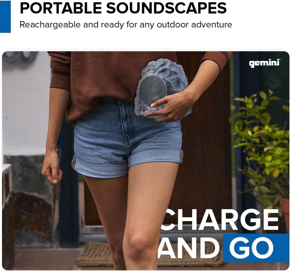 Gemini Sound Rechargeable Bluetooth Wireless Rock Speakers (Pair), IPX5 Weatherproof, TWS Stereo Linking, 10-Hr Battery, 4” Driver for Patio & Garden Outdoor Audio (GHRK-400-PR)