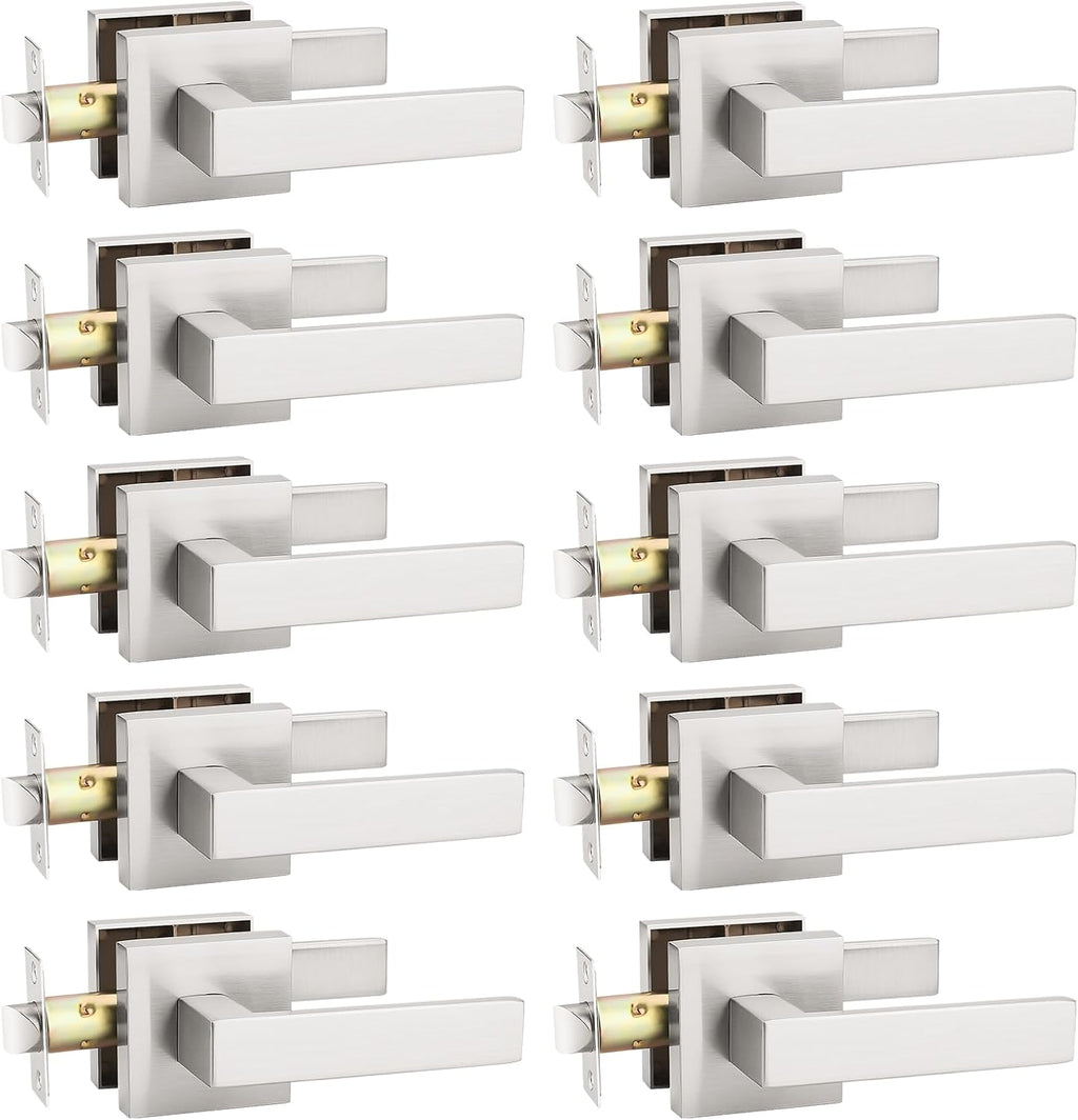 KNOBWELL 10 Pack Interior Door Knob Brushed Nickel, Closet Door Handle Passage Hallway Door Lever, Heavy Duty Indoor Door Handle(No Lock)