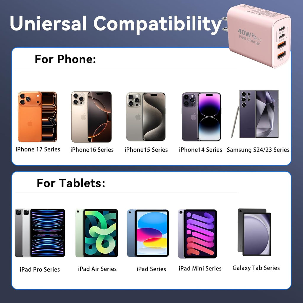 USB C Wall Fast Charger Block, 40W 4-Port Type C Chargers Fast Charging Blocks PD Power Charger Adapter+QC 3.0 USB Multiport Charger Brick for Phone 17/16/15/14/13/12 Pro Max, i-Pad, Galaxy S25-2Pack