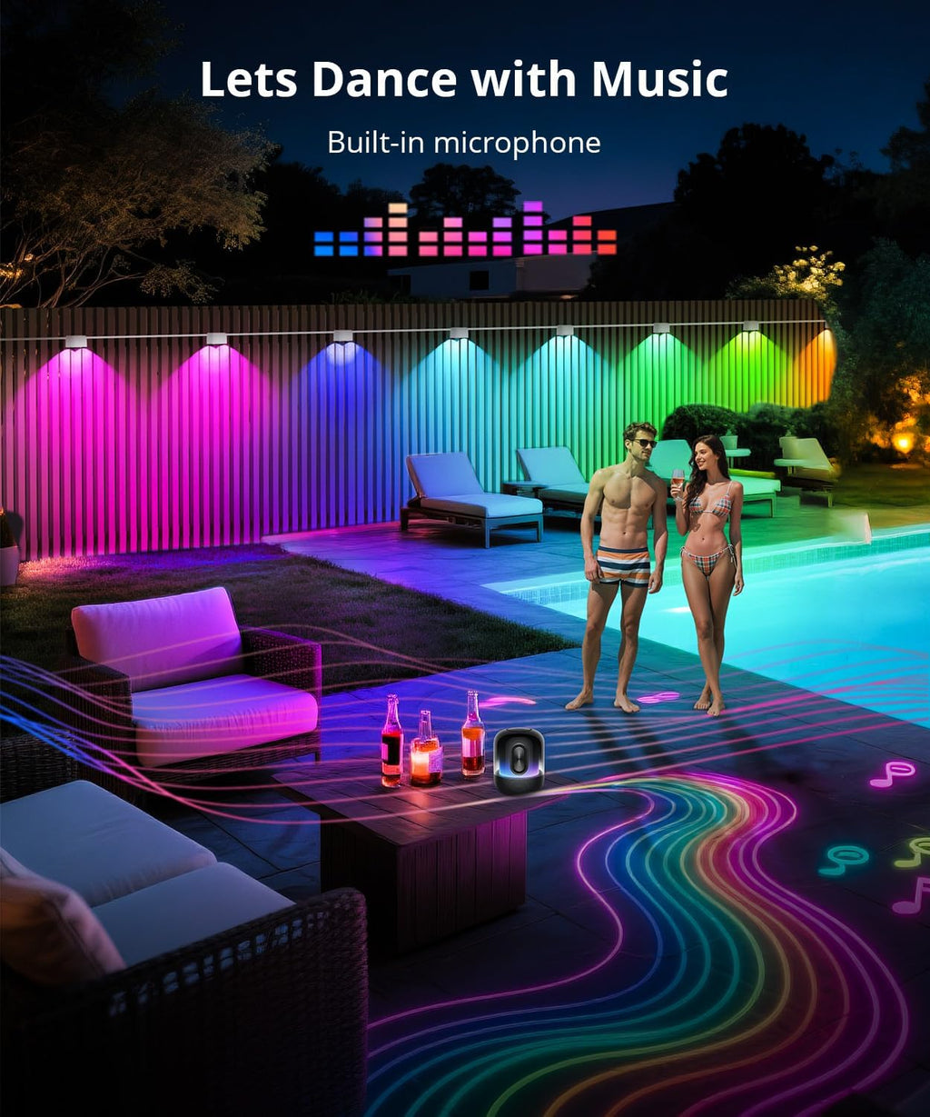 Outdoor Deck Lights 8 Packs, Smart RGBCW Fence Light, 100+ Scene Modes, Dual Lens LED String Lights with APP/Voice/Remote Control, IP65 Waterproof for Halloween Christmas Decor, 52ft White