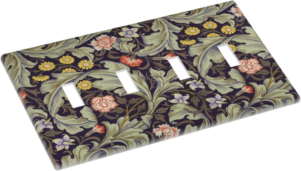 Boho William Morris Floral Green Leaves Flower Light Switch Covers Quad Toggle Electrical Faceplate 4 Gang Wall Plate Decorative Switch Plates Cover for Farmhouse Home Decor