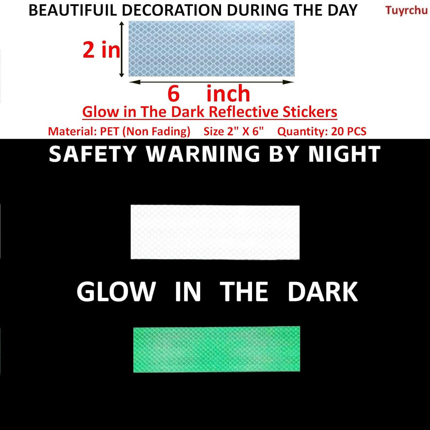 Glow in The Dark Reflective Stickers 2 inch X 6 inch for Bikes, Outdoor Waterproof High Visibility Reflector (20 Pcs)