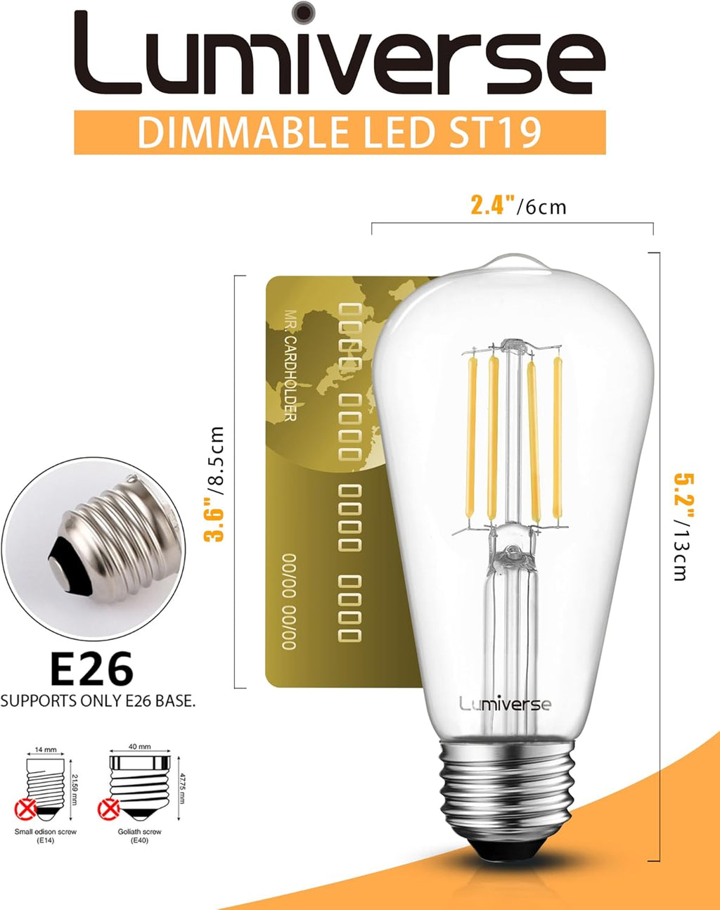 Lumiverse 120 Pack E26 Vintage LED Edison Bulbs CRI 90+, 5.5W 60W Equivalent Dimmable, Antique Style ST19/ST58 LED Light Filament Bulbs 2700K Soft White