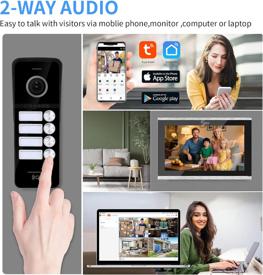 ANJIELO SMART Wired Video Doorbell Apartment Intercom System,4 Family Units 10 Inch Touch Monitor,3 in 1 Unlocking,Dual Way Intercom Motion Detection Tuya for Villa Home (1 Doorbell(b)+ 4 Monitor(s))