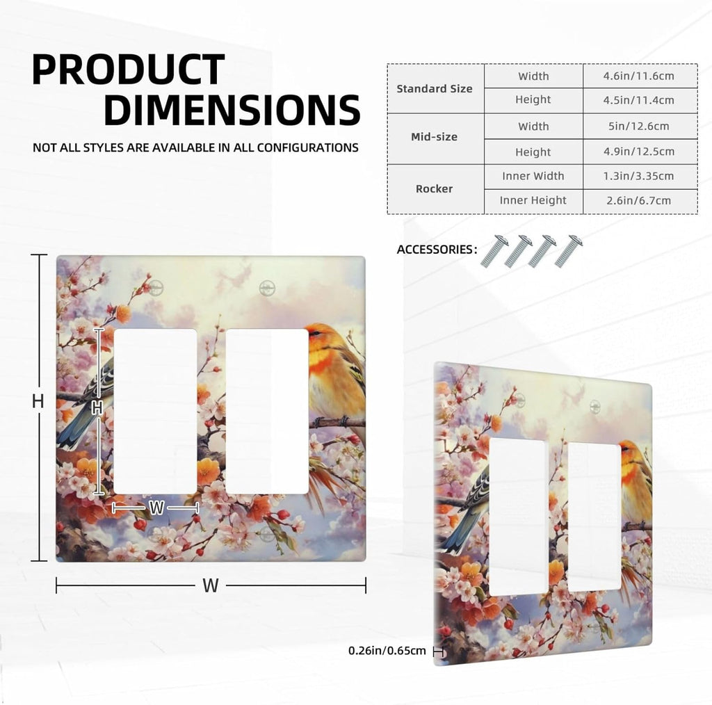 Birds Sitting on Flowers Tree Branch Dual Outlet Covers Wall Plate 2 Gang Rocker Decora Decorative Switch plate Electrical Faceplate GFCI Light Switch Covers for Farmhouse Living Decor