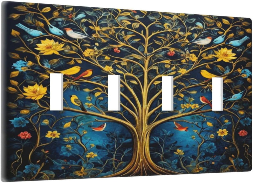 Gold Tree With Birds Flowers on Branches Light Switch Covers Quad Toggle 4 Gang Wall Plate Decorative Switchplate Electrical Faceplate for Farmhouse Bathroom Living Decor