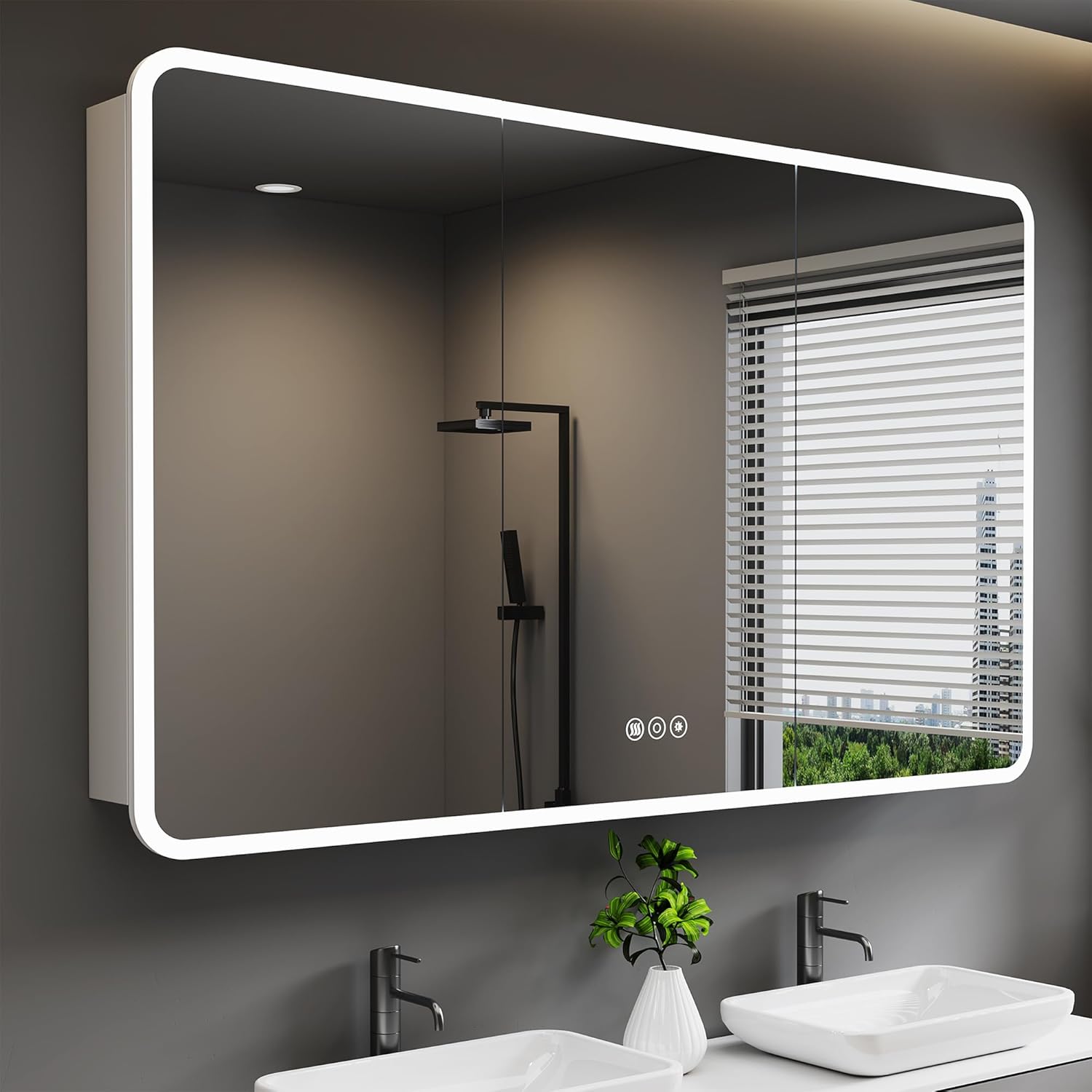 Medicine Cabinet with LED Lights and Mirror, 60 x 32 Inch Surface or Recessed Mounted Bathroom Cabinets with Door, Defogger, Memory Function, 3-Color Mode, Outlet&USB, Dimmer, Storage