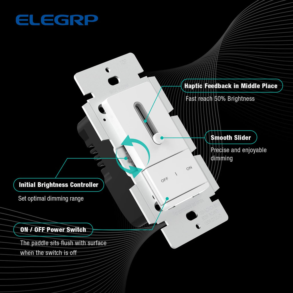 ELEGRP Slide Dimmer Switch for Dimmable LED, CFL and Incandescent Light Lamp Bulbs, Single Pole or 3-Way, Full Control with Preset, Rocker Paddle, Wall Plate Included, UL Listed (2 Pack, Matte White)