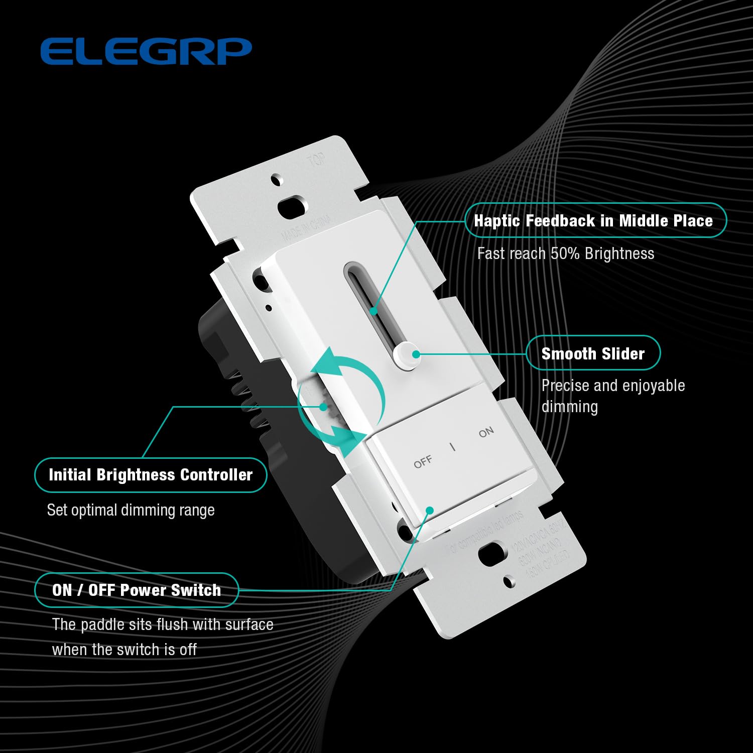 ELEGRP Slide Dimmer Switch for Dimmable LED, CFL and Incandescent Light Lamp Bulbs, Single Pole or 3-Way, Full Control with Preset, Rocker Paddle, Wall Plate Included, UL Listed (2 Pack, Matte White)