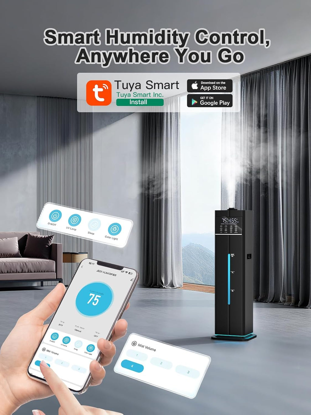9L/2.4Gal Smart Cool Mist Humidifier, Top Fill Quiet Humidifier Large Room, Covers 550ft², App & Remote Control, 60H Runtime, 7 Colors Light, 4 Mist Modes Humidifiers for Bedroom, Office, Black