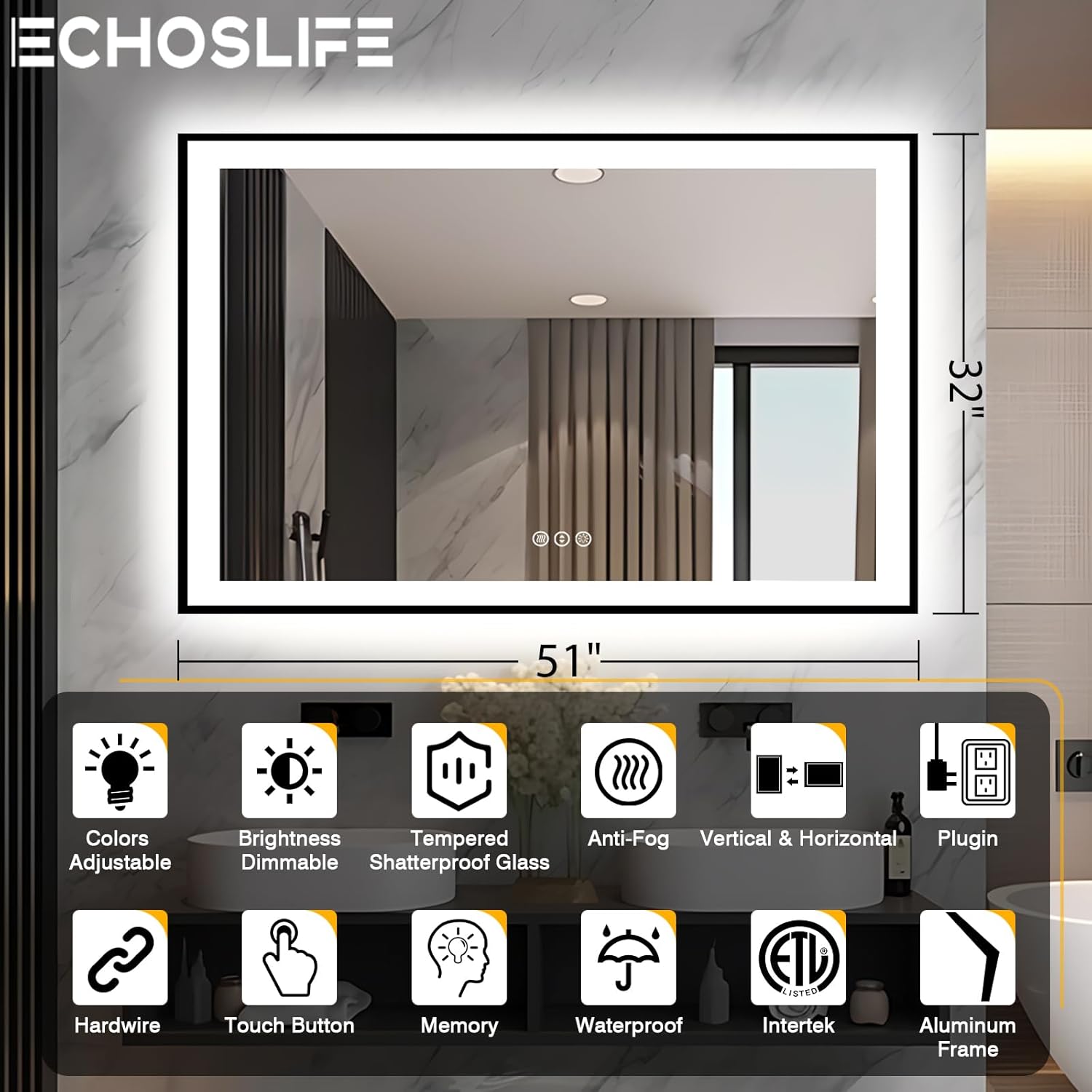 51x32 LED Lit Bathroom Mirror - Black Framed, Front and Backlit LED Lighted, Anti-Fog Bathroom Mirror with Lights, 3 Colors Stepless Dimmable Mirror, Touch Sense (Horizontal/Vertical)