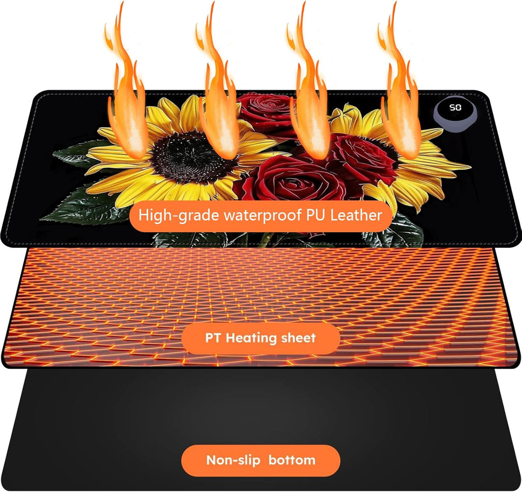 Heated Mouse Pad with 3 Levels Heated & 3 Hours Auto Shut-Off Mouse Pad for Warming Hands in Office Home, 23.6" x 14.2"Large Safe Desk Mat Hand Warmer，Rose Sunflower