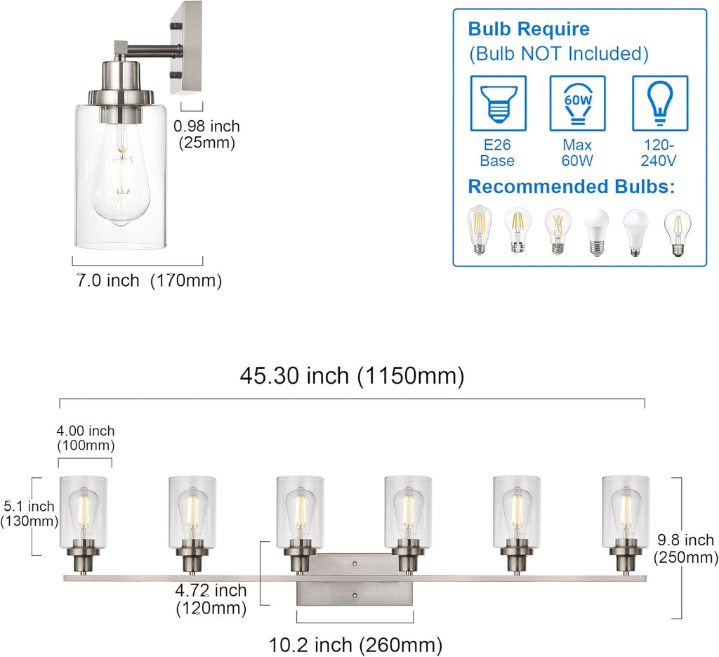 MELUCEE Modern Bathroom Vanity Light Fixtures 6-Light Brushed Nickel Contemporary Wall Light with Glass Shade for Kitchen Living Room Bedroom (Patent No.: US D963914 S)