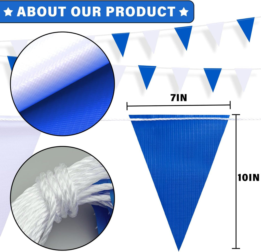 105ft Blue and White Pennant Banner Flag, 7"x10" Fluorescent Safety Flagging Banner Warning Flag for Construction Site/Boundary Barrier Signs, Perimeter Marking Flags on String, 45 Flags