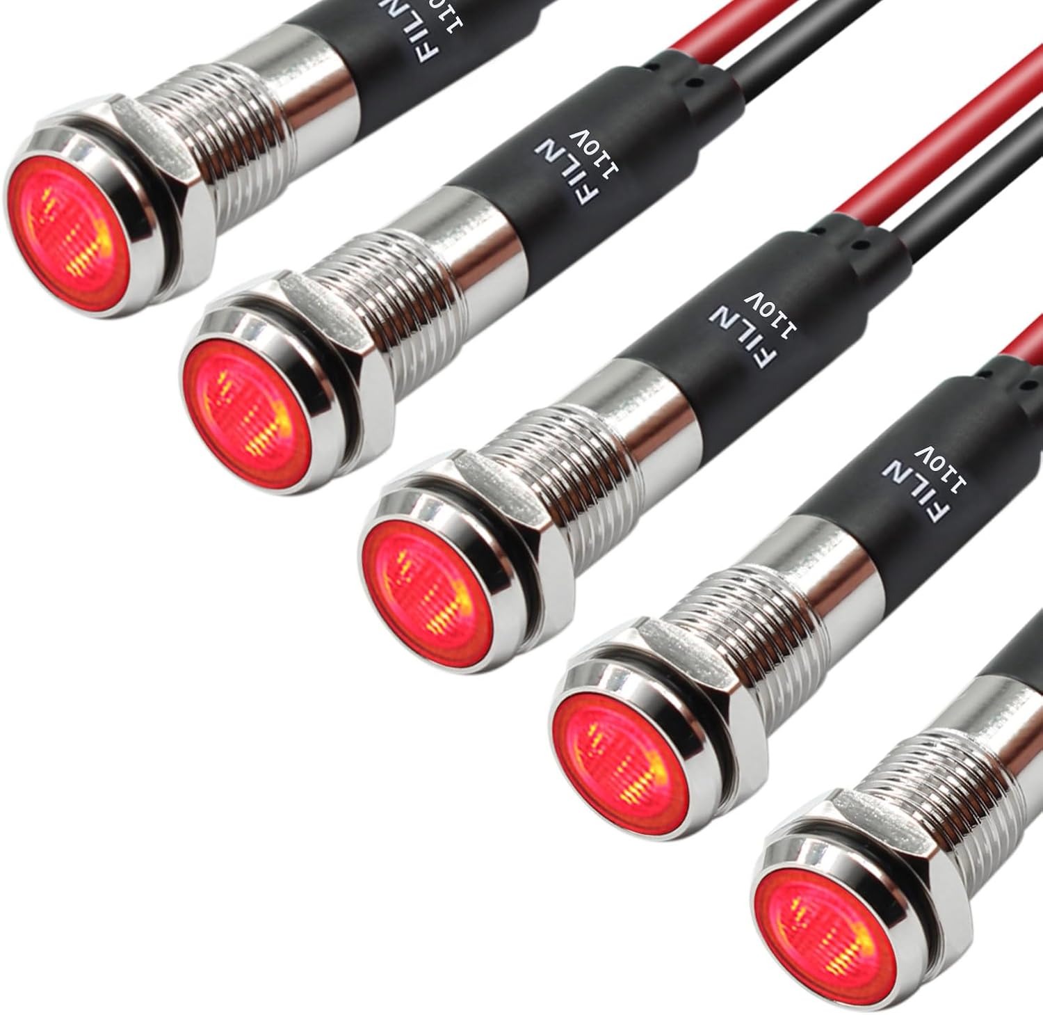 5Pcs 8MM (5/16'') Indicator Light led Indicator 110V 220V Metal Pilot Lamp Lights Aluminum Black Anodized Waterproof ip67 Red Signal Lamp Light(110V-Brass Nickel Plated-Red 5Pcs)