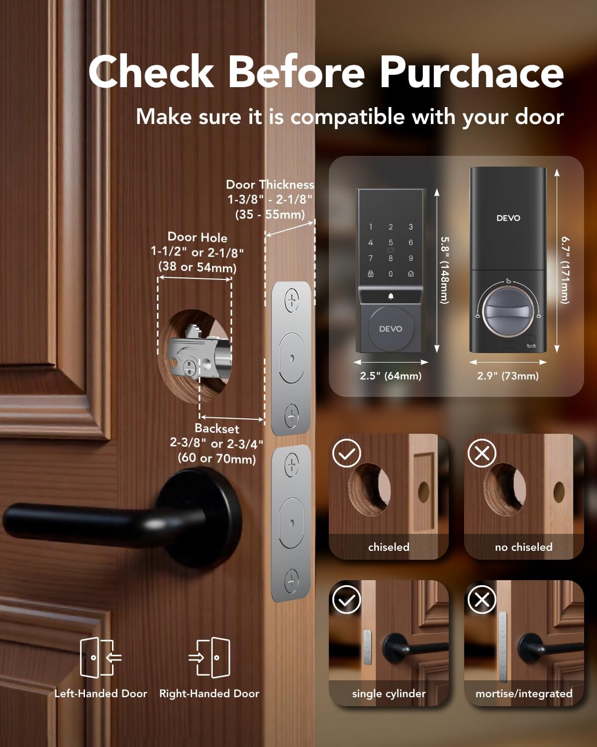 Devo G5 Smart Locks for Front Door, Keyless Entry Door Lock, Deadbolt Smart Lock, App Control, Built-in Wi-Fi, Touchscreen Keypad, 8 Months Battery, IP54 Waterproof, Auto Lock, Easy Installation