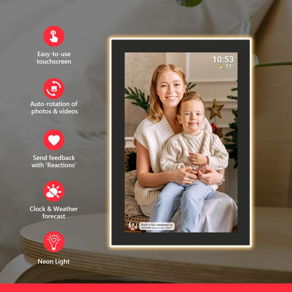 32GB FRAMEO 10.1 Inch WiFi Digital Photo Frame with Neon Light, 1280x800 HD IPS LCD Touch Screen, Auto-Rotate, 32GB Storage, Support USB Drive/SD Card Extend Storage, Share Moments via Frameo App