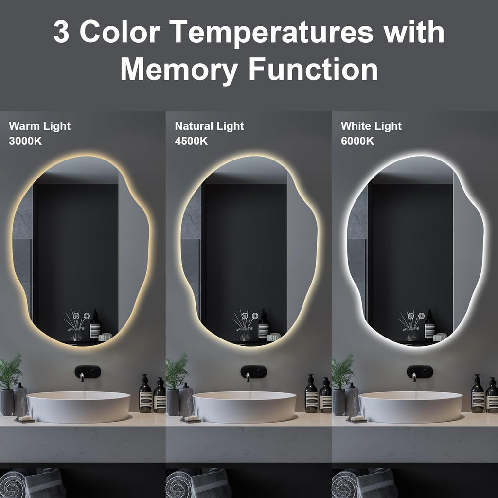 LED Bathroom Mirror with Lights,25x35 in Asymmetrical Led Bathroom Mirror for Wall, Backlit Mirror with Anti-Fog,3 Colors and Dimmable Light,[Horizontal/Vertical]