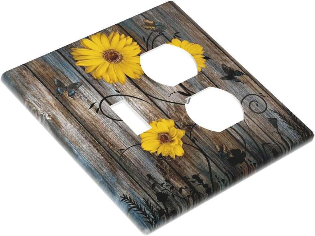 Rustic Barn Sunflower Wooden Daisy Flower Plank Wallplates 1 Toggle 1 Duplex Switch Plate Electrical GFCI Faceplate Decorative Light Switch Covers for Farmhouse Home Decor