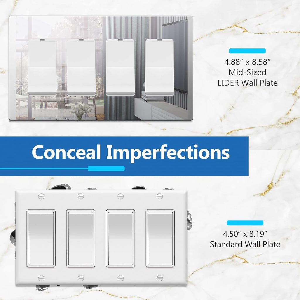LIDER Quadruple Decorator Wall Plate, Impact Resistant, Mirrored Acrylic Plexiglass Reflective Finish Modern Upgrade Screwless Light Switch Outlet Cover Mid-Size 4-Gang 4.88" x 8.58" Silver