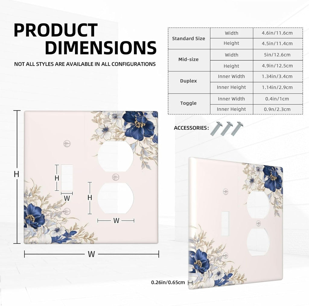 Decorative Outlet Covers Rustic Blue Beige Flower Peony Floral 2 Gang Light Switch Cover Plate Single Toggle Duplex Wall Plates for Electrical Outlets Switch Plate Covers for Bedroom Decor