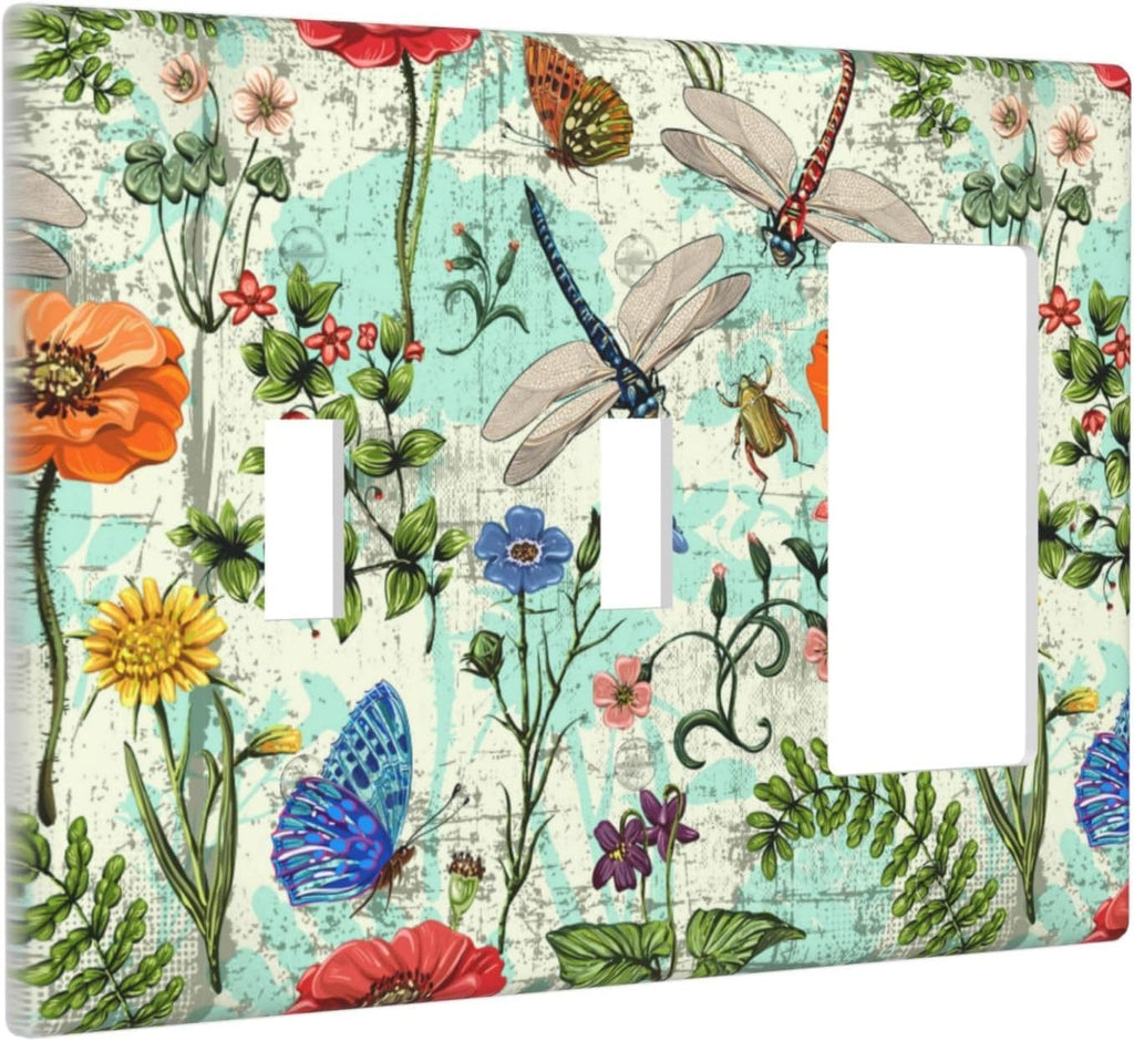 Dragonflies Flowers Butterfly 3 Gang Toggle Toggle Rocker Outlet Light Switch Cover Decorative Wall Plate Cover For Home Living Bedroom Kitchen Decorative