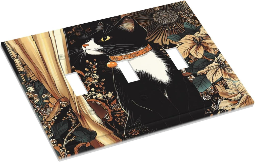 Decorative Switch Plates Boho Mandala Floral Black Cat Vintage Flower 3 Gang Wall Plate Triple Toggle Light Switch Cover Faceplate Electrical Wall Panels For Farmhouse Home Decor