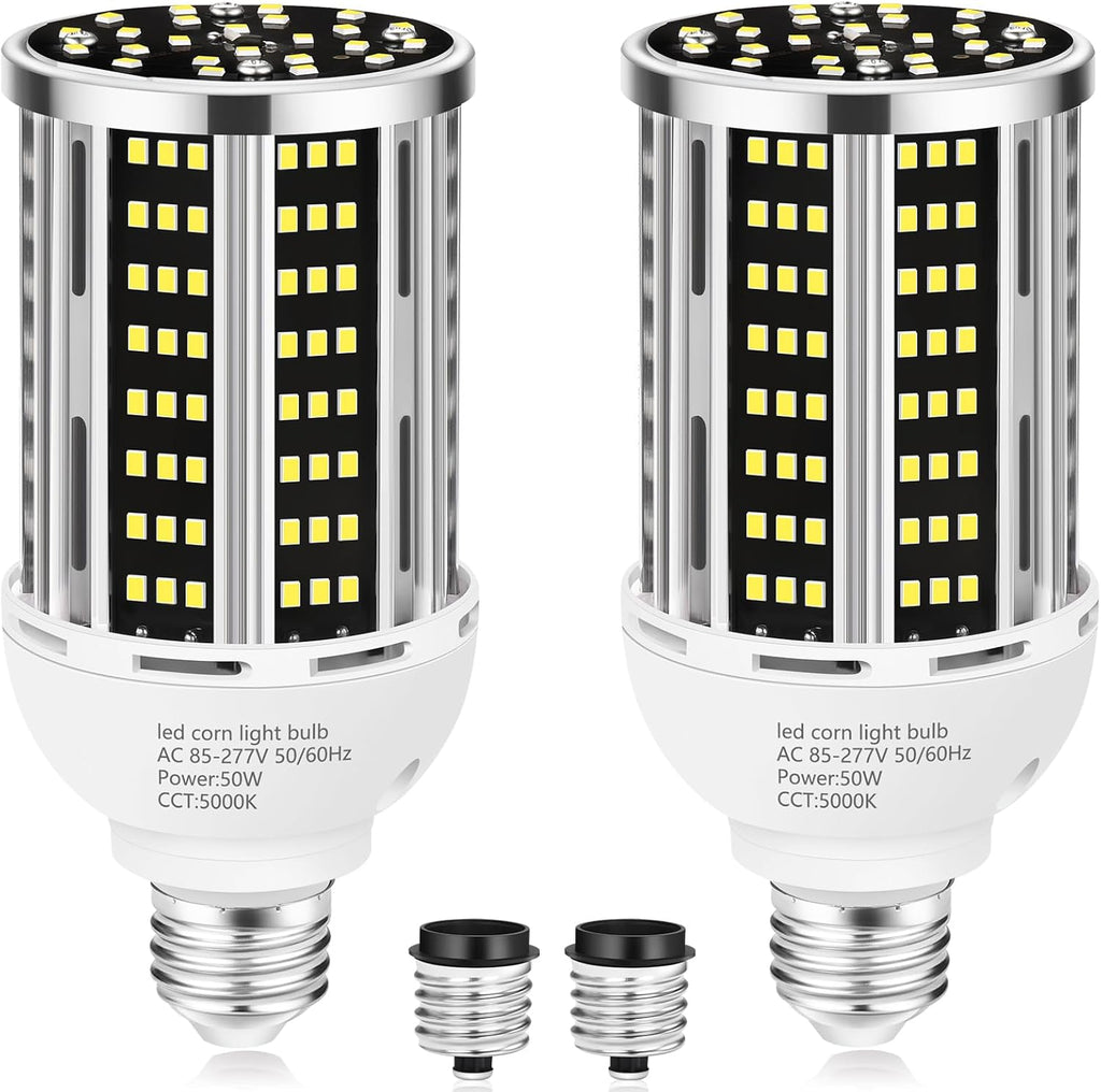 50W 2 Pack LED Corn Light Bulb,5000K Daylight 6500LM(500W Equivalent) Commercial GradeE26/E39 Medium Mogul Base LED Lamp,Large Area Lights for Outdoor Indoor Garage Warehouse Factory Bay Light