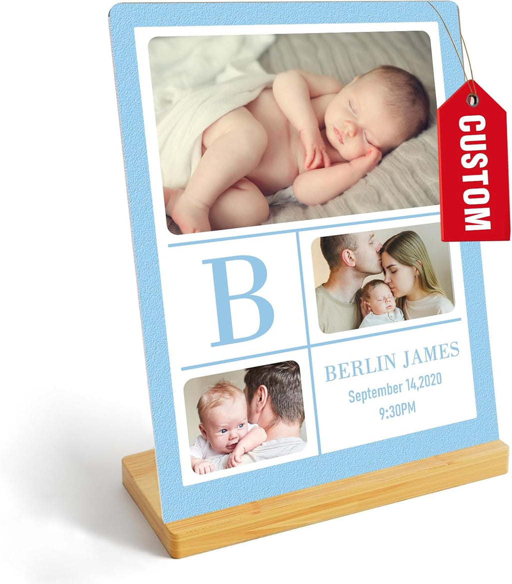 Custom Photo Prints - Metal Desktop Picture Frame with Baby's Photos & Name & Wooden Base Personalized Newborn Memorial Gifts for Family Friends and Lovers, Optional Multiple Sizes