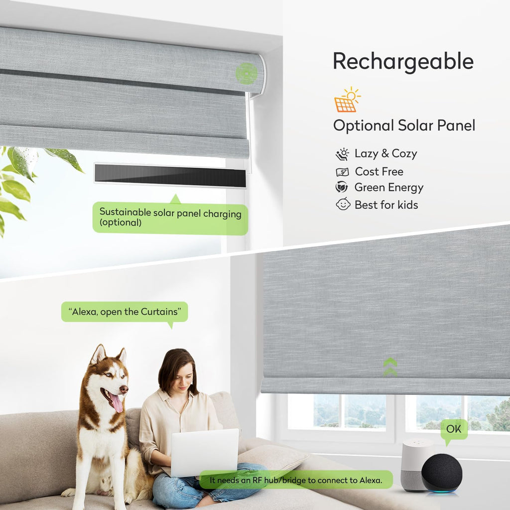 ZSTARR Motorized Blackout Roller Blinds with Remote Control,Rechargeable Smart Window Shades Compatible with Alexa Google via Hub,Fabric Wrapped Valance, Custom Size (Smoke Grey)