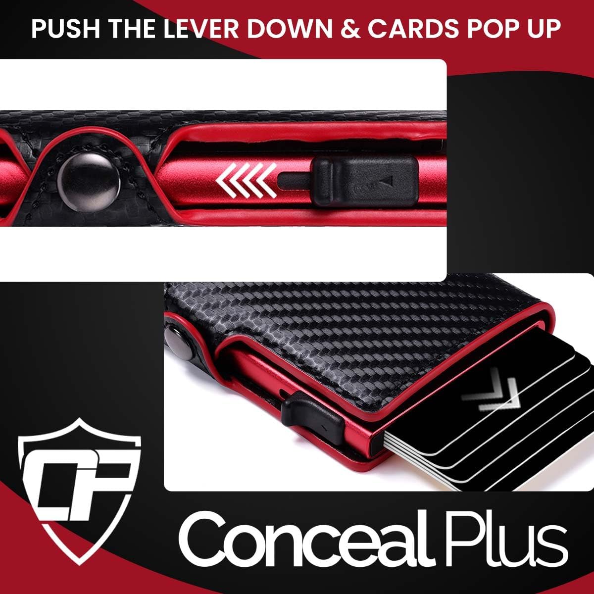 Conceal Plus Mens Wallet Credit Card Holder, Smart Pop Up RFID Wallet, Slim Minimalist Carbon Fiber Front Pocket Card Case, Compact Travel Wallet RFID Blocking, Holds 4-6 Standard Cards Plus Cash & ID