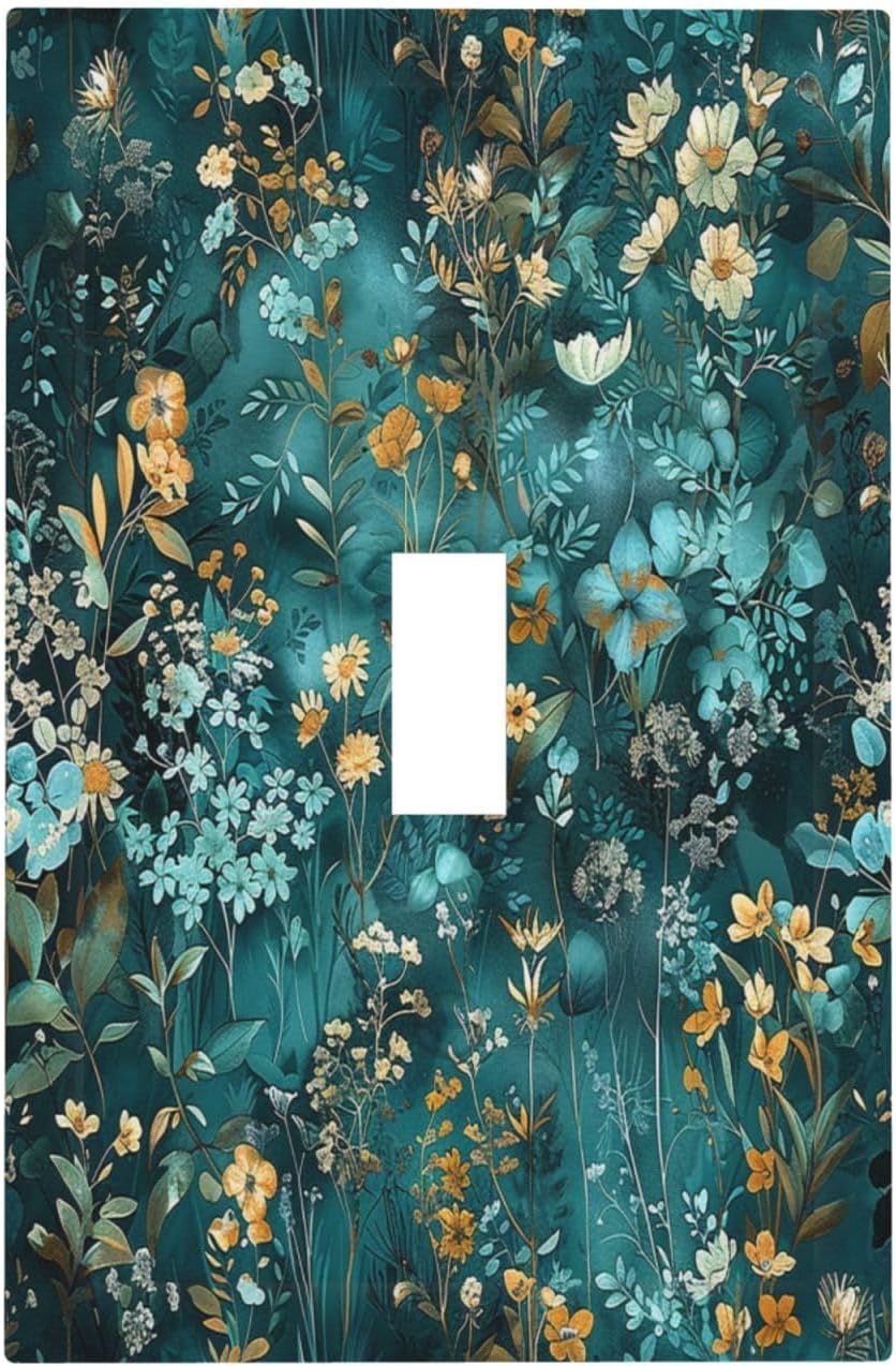 Decorative Light Switch Cover Green Leaf Floral Boho Golden Flower Plant 1 Gang Single Toggle Device Electrical Faceplate Switchplates Decorator Outlet Wall Plate For Bed Room Cabin