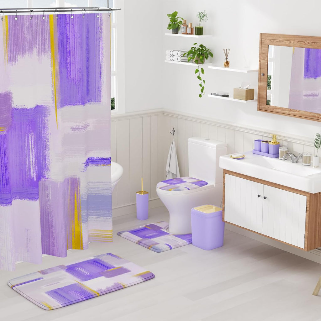 Bathroom Accessories Set - 25PC Bathroom Set with Shower Curtain and Rugs, Purple Bathroom Set, Bathroom Accessory Set with Press-on Lid Trash Can, Soap Dispenser and Qtip Holders