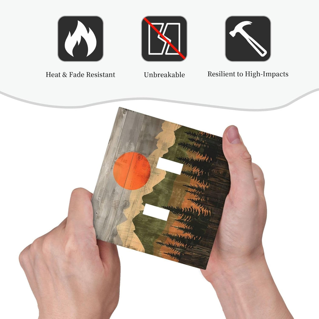 Decorative Switch Plates Vintage Wood Grain Sun Forest Mountains 2 Gang Double Toggle Outlet Light Switch Cover Wall Plate Electrical Faceplate for Farmhouse Cabin Decor