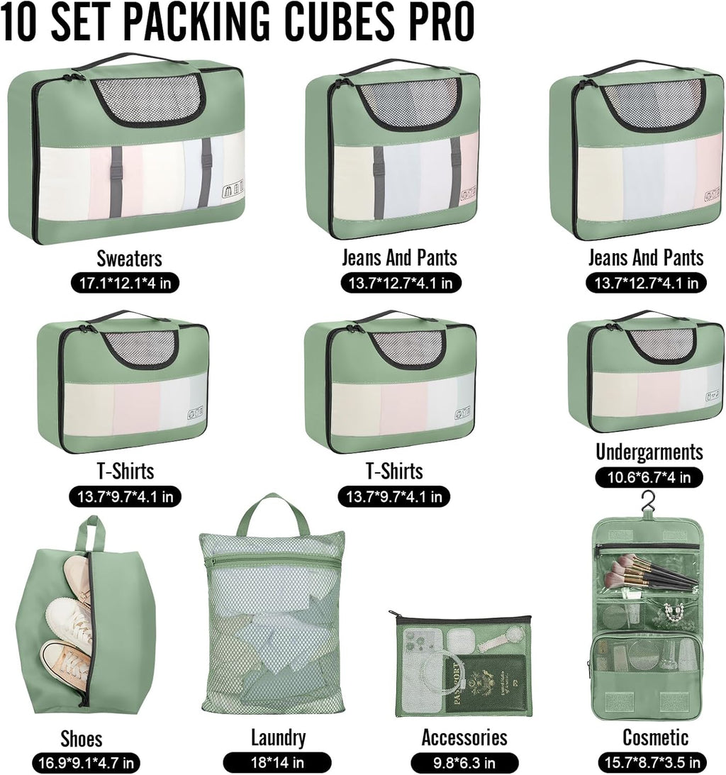 Veken 10 Set Packing Cubes for Travel Essential, Suitcase Organizer Bags in 4 Sizes, Carry-On Luggage Accessories with Large Laundry & Hanging Toiletry Bag, Must-Have for Airplane, Road Trip & Camping