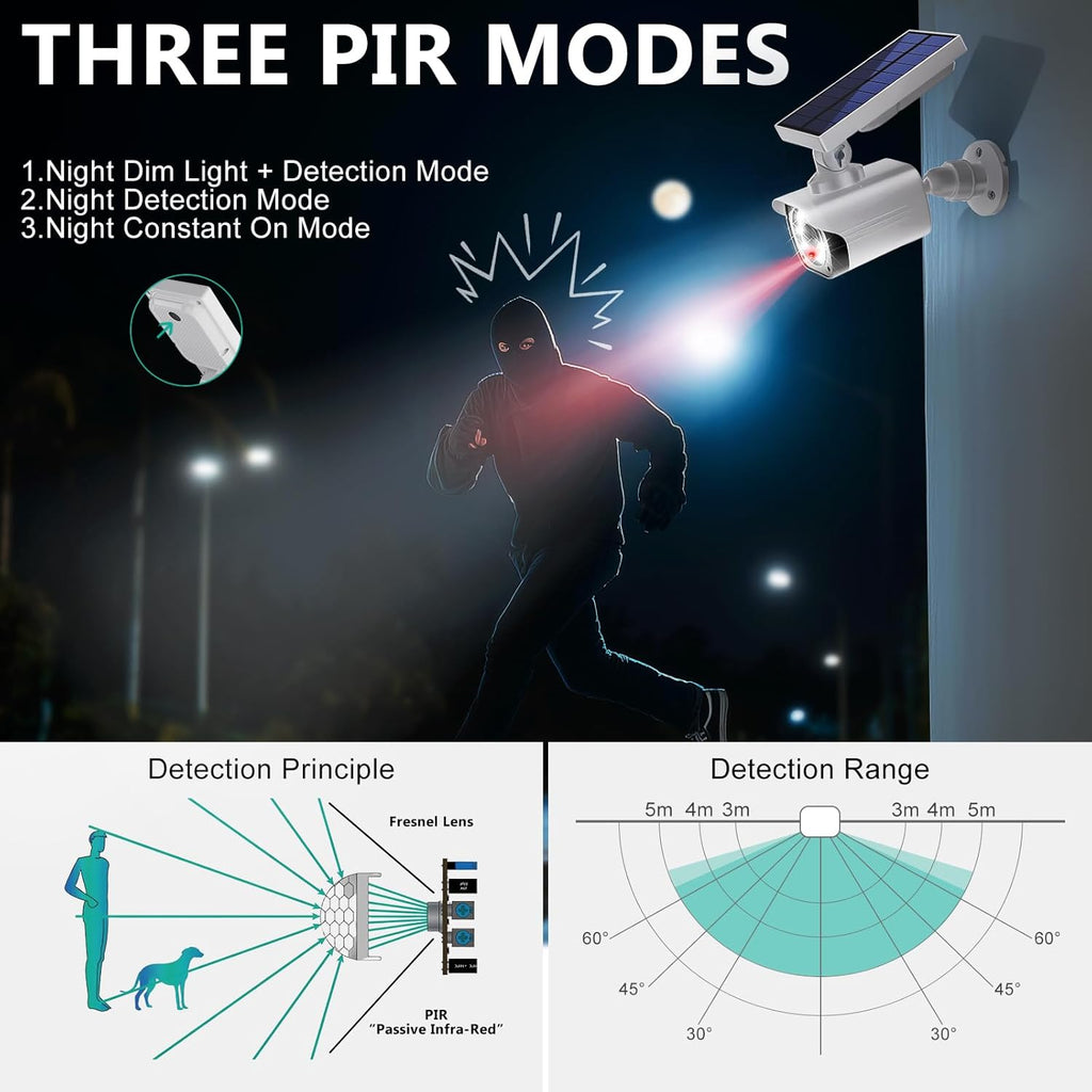 WALI Dummy Fake Camera, Security Camera with Motion Sensor Flood Light, Simulated Surveillance Security CCTV Dome Camera Indoor Outdoor (TCW2-SOL), 2 Packs, White-Solar
