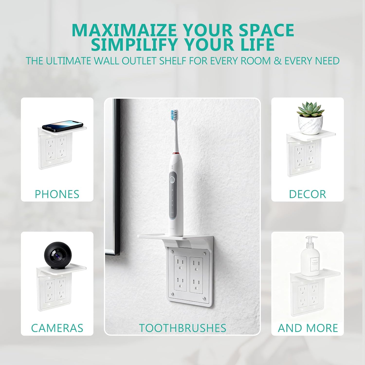 WALI Double Outlet Shelf Wall Holder – Bathroom Shelf Duplex for Electric Toothbrush, HomePod Mini, Echo Dot & Phone Charging – White (DLS001)