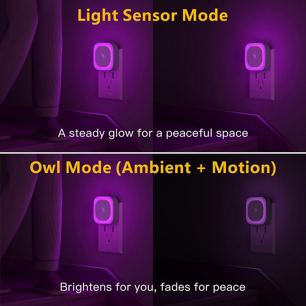 2 Pack Plug in Night Light with Motion Sensor & Dusk to Dawn Sensor, 3 Sensor Modes, Purple Night Lights Plug into Wall, Dimmable Calming Glow for Meditation, Relaxation, Bathroom, Bedroom