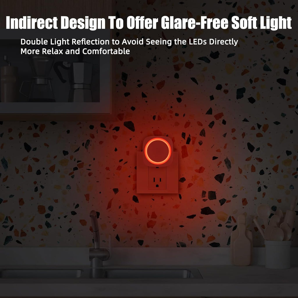 Red Night Lights Plug into Wall, 4 Packs Dimmable Night Light with Dust to Dawn Sensor, Automatically Turn on and Off, Gentle Glow Nightlight for Bathroom,Bedroom,Stairs,Kitchen,Hallway, Red