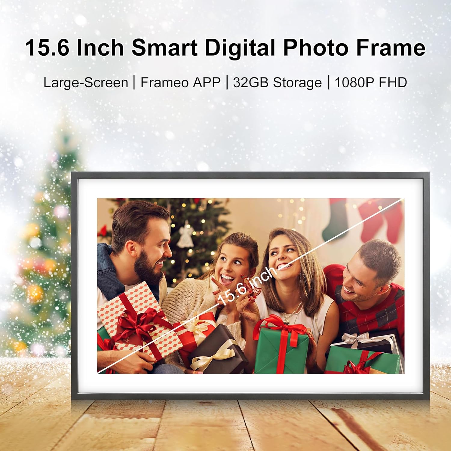 Digital Picture Frame 15 Inch Large Frameo Digital Photo Frame，32GB, 1920 * 1080 IPS HD Touch Screen, Electronic Picture Frame IPS Touch Screen with Auto-Rotate, Frameo Digital Frame WiFi