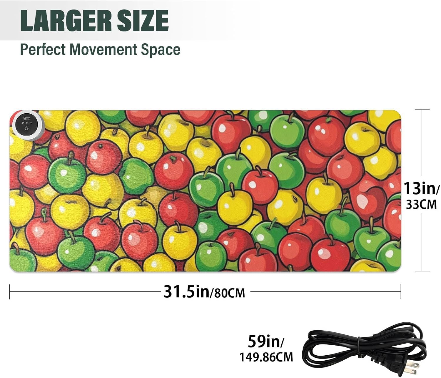 Heated Desk Pad Mouse Pad 31.5x13 Inch PU Leather Desk Mat with 3 Heat Levels Large Mouse Gaming Computer Laptop Mat Apples Colorful