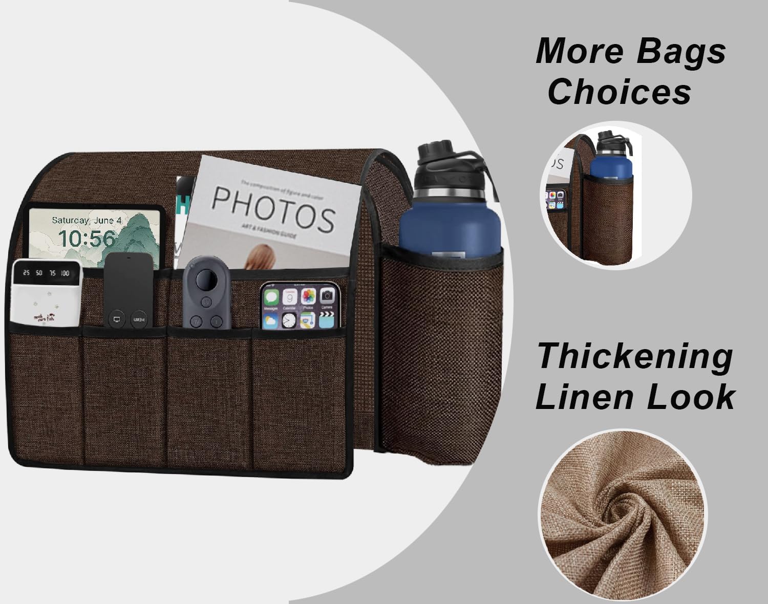 Ntomtuex Sofa Armchair Caddy Remote Control Holder with Water Bottle for Couch Recliner, Armrest Organizer with 7-Pocket Design for Magazines, Eyeglasses, iPad, Phone, Coffee