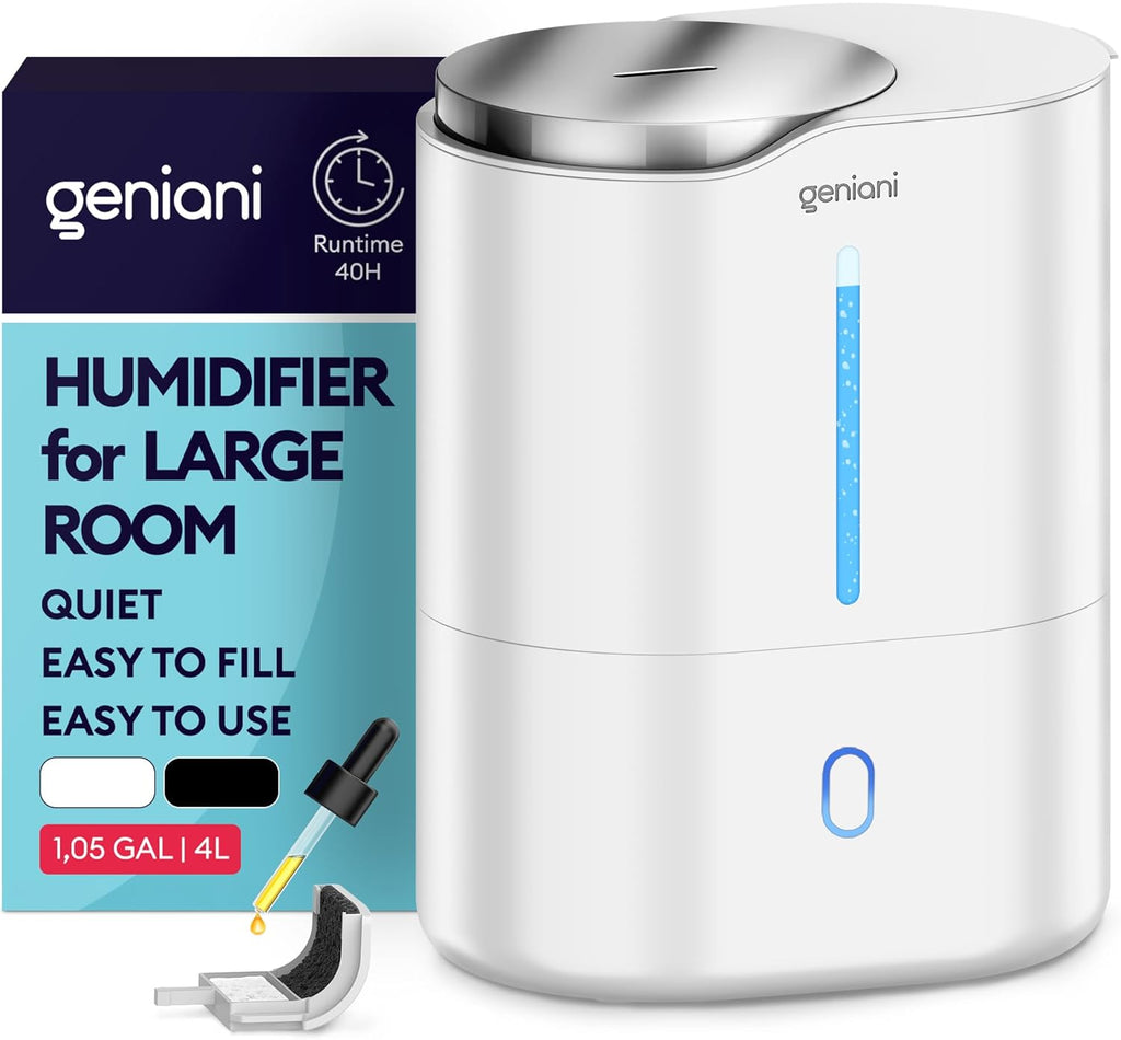 GENIANI Ultrasonic Cool Mist Humidifier for Bedroom, Large Rooms, Home, 4L - Easy Fill & Clean Humidifier for Plants w/Auto Shut-off, 40H Runtime - Quiet, Top Fill Air Humidifier