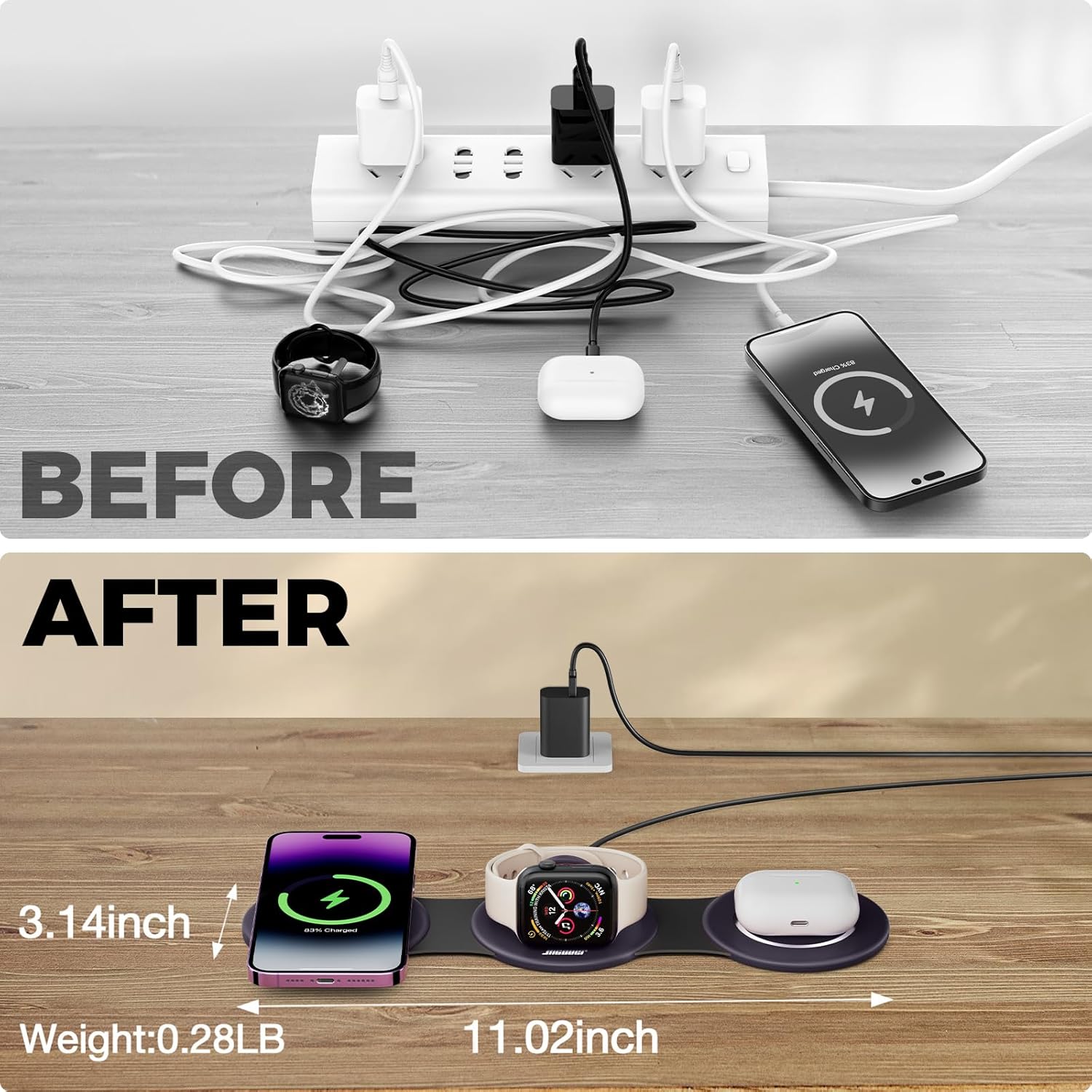 Hicober 3 in 1 Charging Station for Apple Multiple Devices, Foldable Travel Wireless Charger 18W for iPhone Air 17 16 15 14 13 Pro Max Plus &Apple Watch Series/Airpods Purple