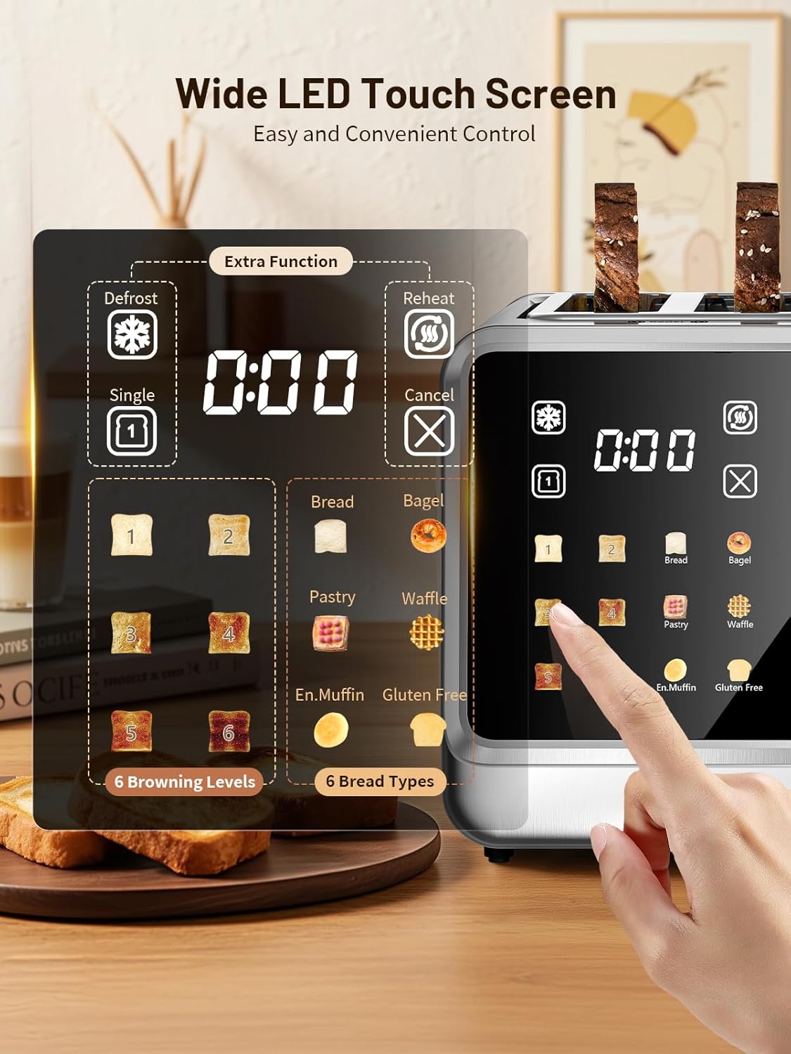 4 Slice Toaster with Touch Screen, Stainless Steel Smart Bread Toaster, 1.5" Wide Slots, 6 Shade Settings & 6 Bread Types for Bagels, Timer, Single Slice Toasting, Reheat, Defrost, 1800W
